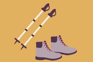 Illustration chaussures et bâtons de randonnée